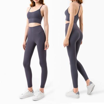 China Breathable Europe and the United States back sling underwear yoga apparel women's stretch nude fitness tights two-piece suit for sale