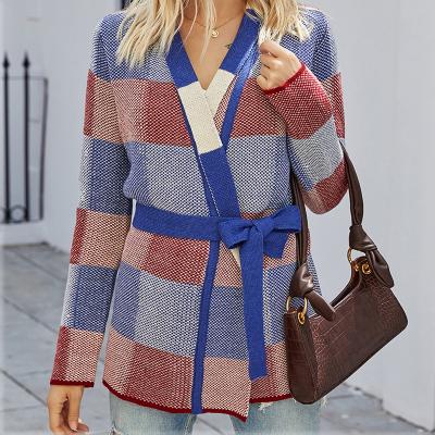 China Wholesales Anti-wrinkle contrast color plaid sweater cardigan V-neck ladies sweater knitting coat for sale