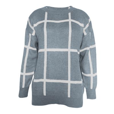 China New Casual Anti-wrinkle Plaid Round Neck Pullover Sweater Ladies Long Sleeve Knit Sweater for sale