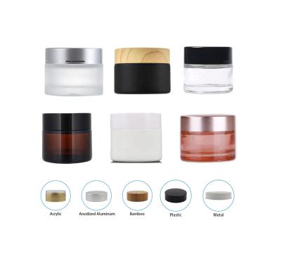 China 5g 10g 10g 15g 20g 30g 50g 100g 10ml 50ml 100ml Recyclable Luxury Bamboo Amber Frosted Glass Matte Black Clear White Green Cosmetic Jar for sale