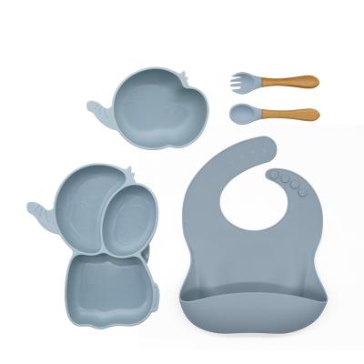 China Children's Elephant Baby Suction Bowl Divided Dinner Plate Tableware Set Non-Slip Silicone Baby Tableware Spoon Fork Bowl Feeding Set for sale