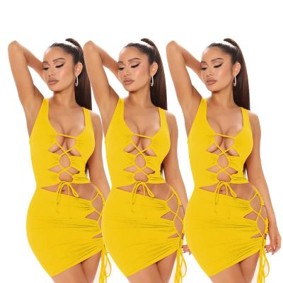 China European women's spring and summer breathable sexy V-neckline the new and American lace up irregular open navel sleeveless casual dress for sale