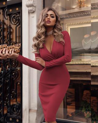 China Spring and summer new women's breathable European and American sexy deep V pleated long hip sleeve casual dress for sale