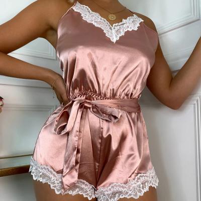 China New Style Lace V-Neckline QUICK DRY Jumpsuits For Women Silk Halter Pajamas Shape Casual Lingerie Camisole Jumpsuit for sale