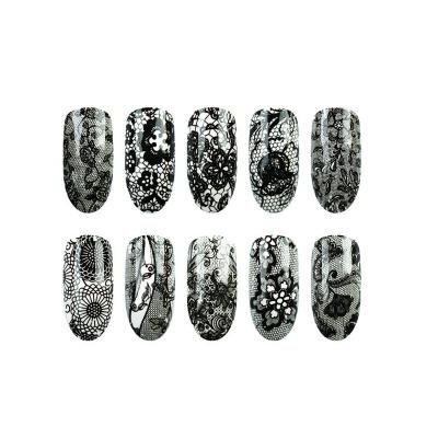 China Easy Apply 2019 Private Label Transfer Nail Lace Up Foil For Nail Art Beauty Floral White Black Lace Transfer Foils Sticker for sale