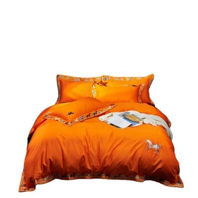 China RTS European Yard Style Cotton Sheet Viable Four-Piece Set Orange Stallion Embroidery Duvet Cover Set for sale