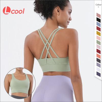 China Lcool 23 Colors Gym Breathable Fit Push Up High Support Lulu Strappy Lemon Sport Colorful Nursing High Print Bra for sale