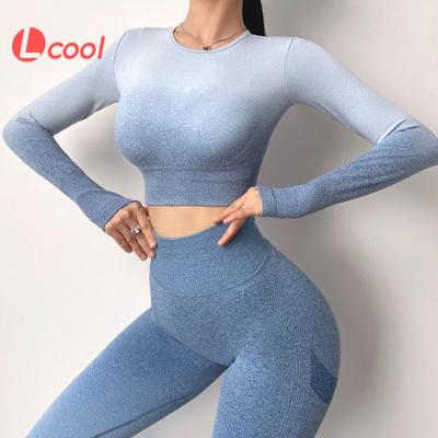 China Lcool 2022 Seamless Yoga Set Women Workout Clothing Long Sleeve Gradient Crop Top Breathable Leggings Women Wholesale for sale