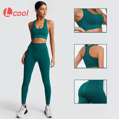 China Lcool 2 Piece Yoga Set Breathable Seamless Workout Fitness Clothes For Women Grow Top Lift Up Leggings Gym Set for sale