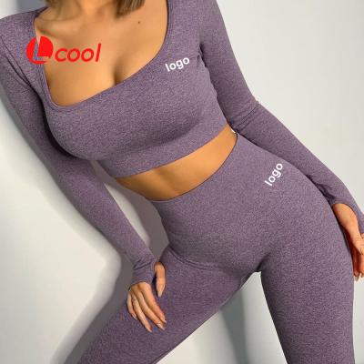 China Lcool Breathable Fitness Yoga Wear Gym Female Set Women Quick Dry Breathable Long Sleeve Seamless Yoga Set for sale