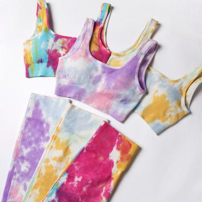 China Lcool Breathable Logo Fashion Custom Women Ribbed Tie Dye Leggings Butt Lift Sports Wear Seamless Yoga Set for sale