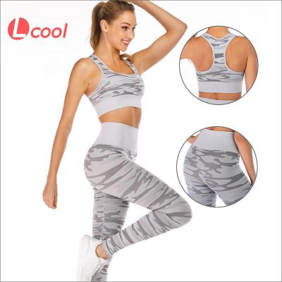 China Lady Custom Private Label Breathable Logo Lcool Sporty Women 2 Pcs Camouflage Gym Fitness Slim Fit Sets for sale