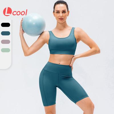 China Lcool Breathable 2022 High Quality Biker Shorts Sets Workout Sports Bra And Shorts Gym Yoga Set for sale