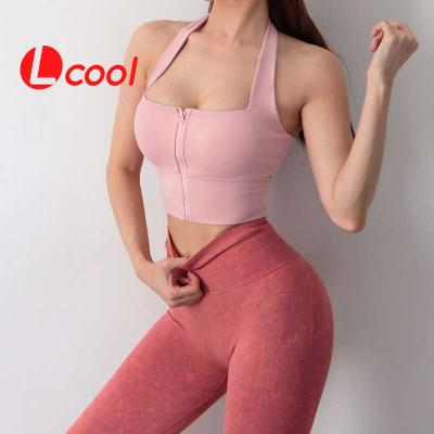 China Lcool New Style Breathable Custom High Print Halterneck Gym Push Up Sports Bra Top Fitness Quick Dry Zipper Yoga Bra for sale