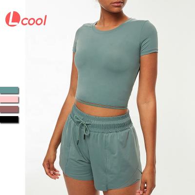 China Quick Dry Breathable Lcool Plus Size Short Sleeves Crop Tops And Sports Shorts Fitness Yoga Set For Women for sale