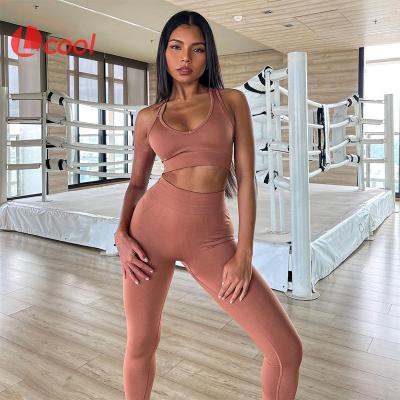 China Lcool Plus Size Breathable Women's Seamless Yoga Set Gym Wear Seamless Deep V Neck Fitness Leggings Bra Yoga Set Crac! crack! for sale