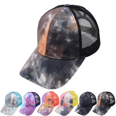 China Summer JOINT Women Tie Dyed Mesh Outdoor Sports Baseball Cap Messy Ponytail Trucker Hat for sale