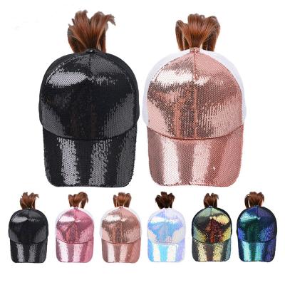 China JOINT Summer Mesh Snapback Ponytail Women Sports Baseball Cap Trucker Hat Glitter for sale