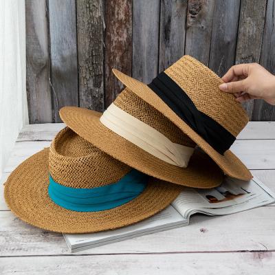 China Character Fashion Summer Ribbon Beach Sun Women Ladies Wide Brim Panama Fedora Straw Hat for sale