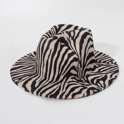 China 2022 Fedora Hats Women Wholesale Zebra Striped Print Fedora Hats Men Wool Felt Hat Wide Brim for sale