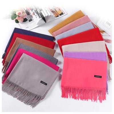 China Wholesale Plain Plain Tassel Shawl Cashmere Scarf Women Solid Color Skin Friendly Pashmina Winter Warm Scarf Women for sale