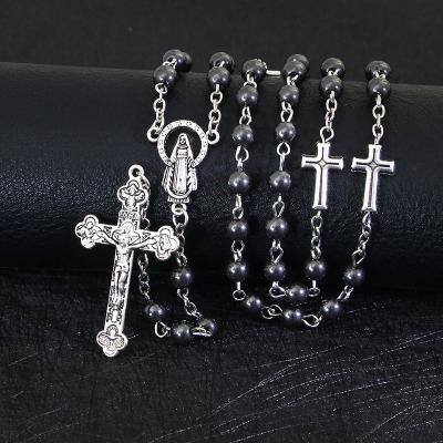 China Religious Pardon Crucifix Necklace Catholic Rosaries of Fade Silver Rosary Beads Virgin Mary Medals Black Men Hematite Komi Stone None for sale