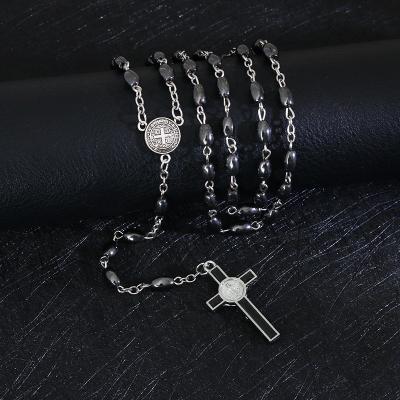 China Cross Pendant St Benedict Connectors Rosary Necklaces Komi Necklace Hematite Religious Oval Catholic Bead Rosary for sale