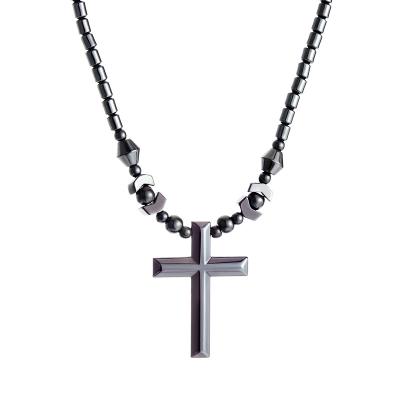 China 2022 Religious Komi Black Hematite Beads Necklace Energy Stone Hematite Magnetic Cross Pendant Necklaces for sale