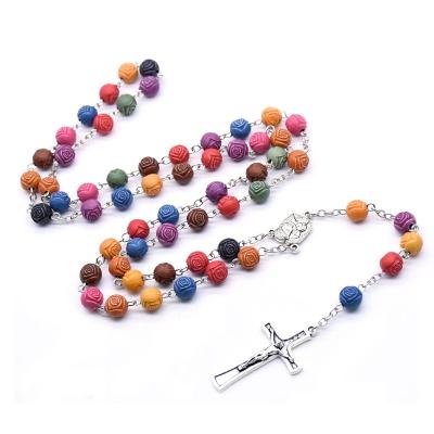 China 2022 Komi Rose Prayer Beads Rosary Holy Religious Colorful Cross Pendant Necklace Shaped Catholicism Gift Religious for sale