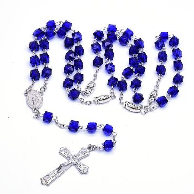 China 2022 Komi Religious Blue Plastic Square Beads Handmade Curved Virgin Mary Religious Jewelry Rosary Necklace Needle Cross Necklace for sale