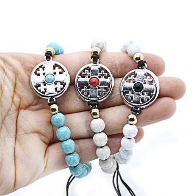 China 2022 Wholesales Turquoise Religious Saint Benedict Jerusalem Cross Charm Pendant Beads Religious Catholicism Gift Bracelet for sale