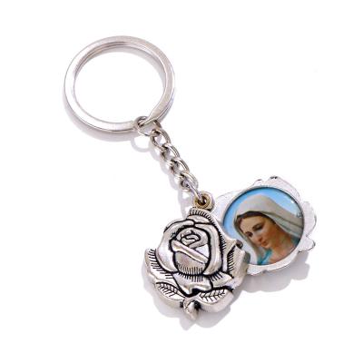 China Religious Jesus St Christopher Czestochowa Madonna Rose Keychain Christian Church Key Catholic Alloy Metal Ring for sale