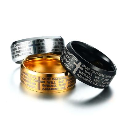 China CLASSIC English Cross Ring Jewelry Wholesale Stainless Steel Ring Titanium Steel Ring KOMI Laser Scripture for sale