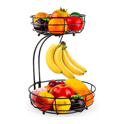 China 2-Tier Countertop Fruit Bowl Fruit Vegetable Basket Stocked Storage with Banana Hanger Fruit Basket for sale