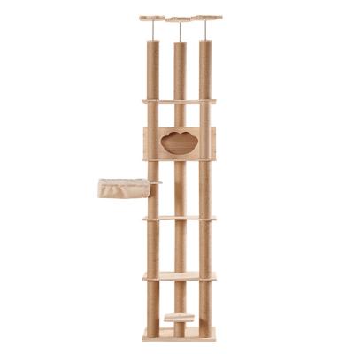 China Hot Selling Solid Wood Sustainable Style Natural Sisal Climbing Scratcher Roof Wood Furniture Scratching Post Cat Tree Tower for sale