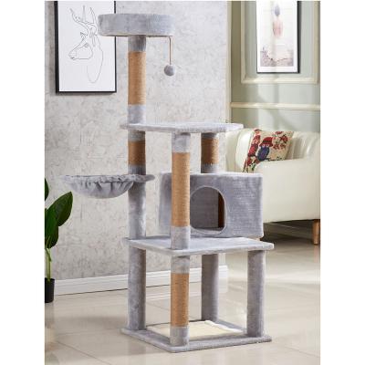 China Luxury Cheap Viable Short Fur Cat Scratching Tree Cat Tower Modern Wooden Cat Tree With Plush Faux Hammock Inside for sale