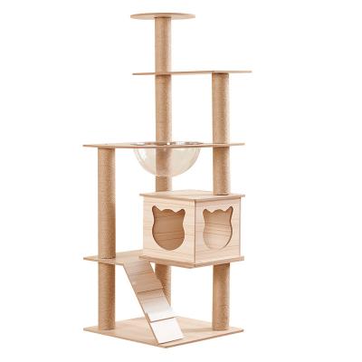 China Sustainable Wooden Pet Housing Supplier Furniture Factory Toys Cat Furniture Luxury Cat Scratcher Tree with Capsule Housing and Ladder for sale