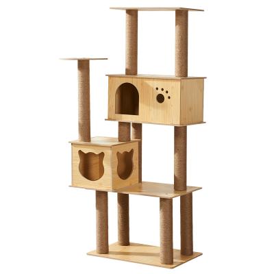 China 2022 Sustainable Stylish Wooden Cat Scratching Treewith Double Cat Houses Interactive Pet Toy Cat Tree With Hammock for sale