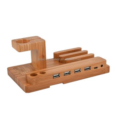 China PORTABLE 4 USB Ports Dock Station Mobile Phone Charger Stand Multifunctional Wooden Bamboo Bamboo Charging Stand For Apple Watch for sale