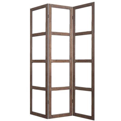 China Europe Wholesale Rustic Brown And Clear 3 Panel Wood And Glass Screens With Window Pane Design for sale