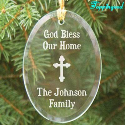 China Christmas Tree Ornament Cross Engraving Oval Beveled Ornaments For Funeral Remembrance for sale