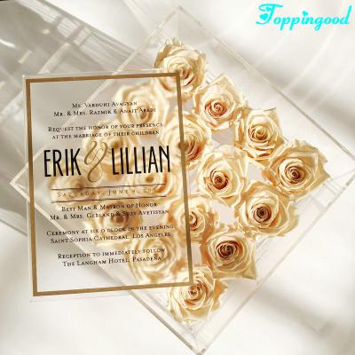 China Wedding Keepsake Engraved Gold Edge Acrylic Invitation Card For Wedding Favors for sale