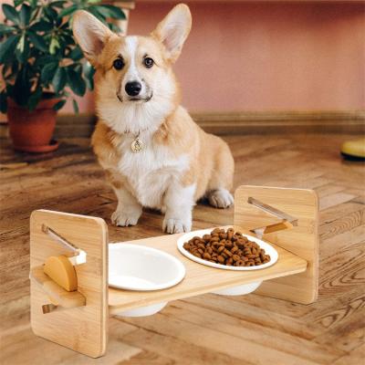 China Custom Adjustable Single Handmade Modern Elevated Stainless Steel Pet Wooden Feeder Food Sustainable Water Dog Wheels Stand for sale