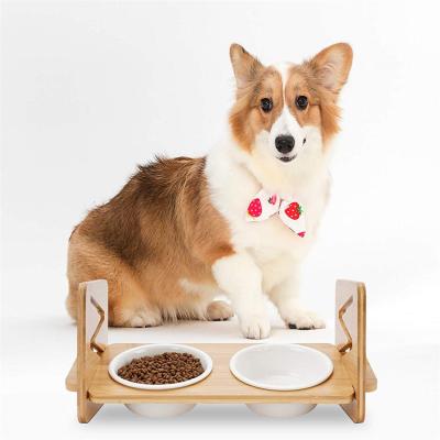 China Wholesale Sustainable Luxury Adjustable Double Bowl Water Dog Food Bowl Hallerbos Pet Wooden Pet Bowl Stand for sale