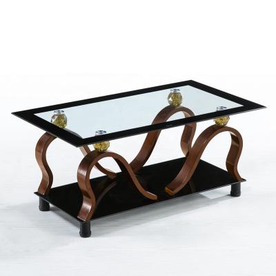 China (Other)Adjustable Modern 6mm Glass Top Center Coffee Table With MDF Curved Wooden Legs For Living Room for sale