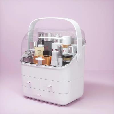 China Hot Selling Viable Portable Transparent Cover Handle Makeup Cosmetics Storage Display Box With Drawers for sale