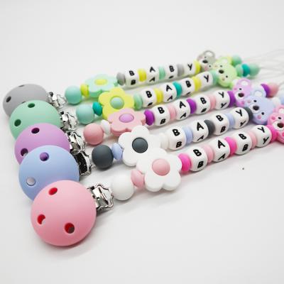 China BPA Free Organic Chewable Dummy Chain Silicone Baby Pacifier Clip Beaded Soother Holder for sale