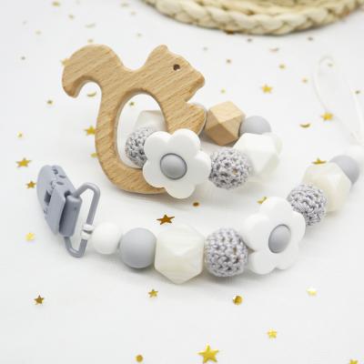 China Non-Toxic Beech Teether Sensory Toys Chewing Silicone Beads Ratchet Baby Ring Wooden Crochet Teether for sale