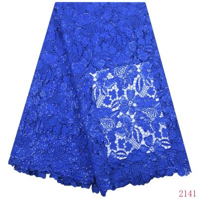 China High Quality Anti-rust Royal Blue African Guipure Lace Fabric With Nigerian Sequins Milk Water Soluble Silk Lace For Daily Dress 2141 for sale