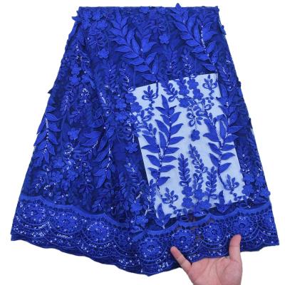 China New Sequins 3D Lace Fabric 3D Flower High Quality African Milk Silk Lace Nigerian Tulle Royal Blue Embroidery Lace Fabric 2160 for sale